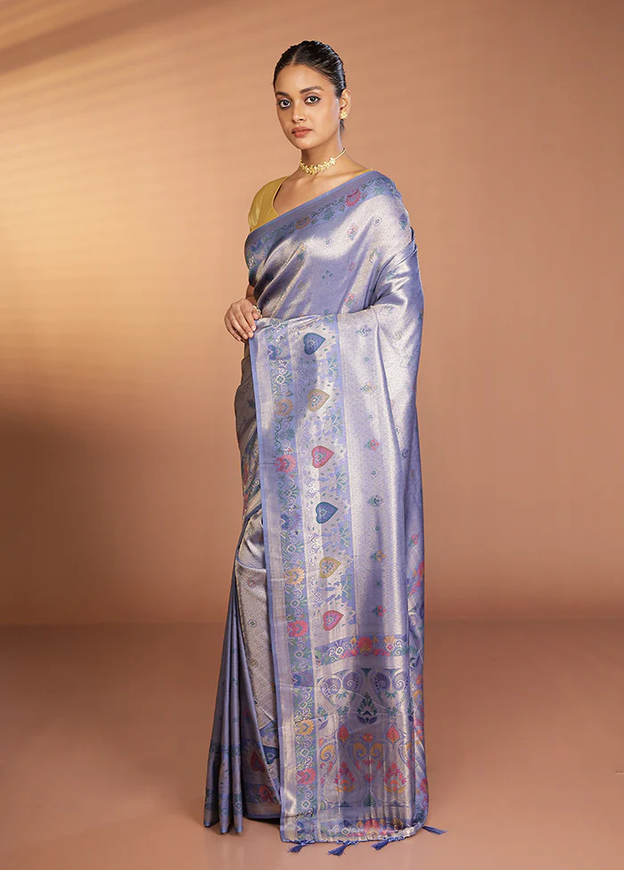 Blue Dupion Silk Saree With Blouse Piece - Image 4