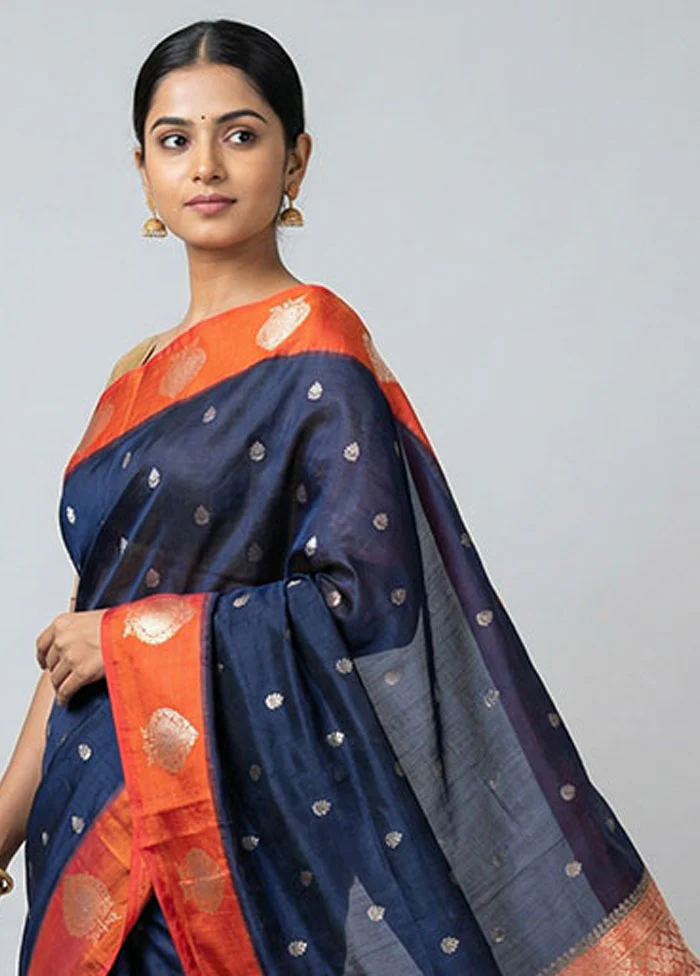 Blue Dupion Silk Saree With Blouse Piece - Image 2