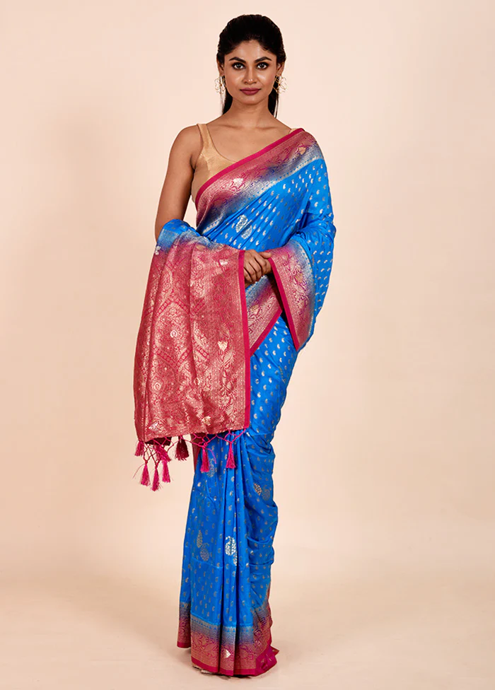 Blue Dupion Silk Saree With Blouse Piece - Image 2