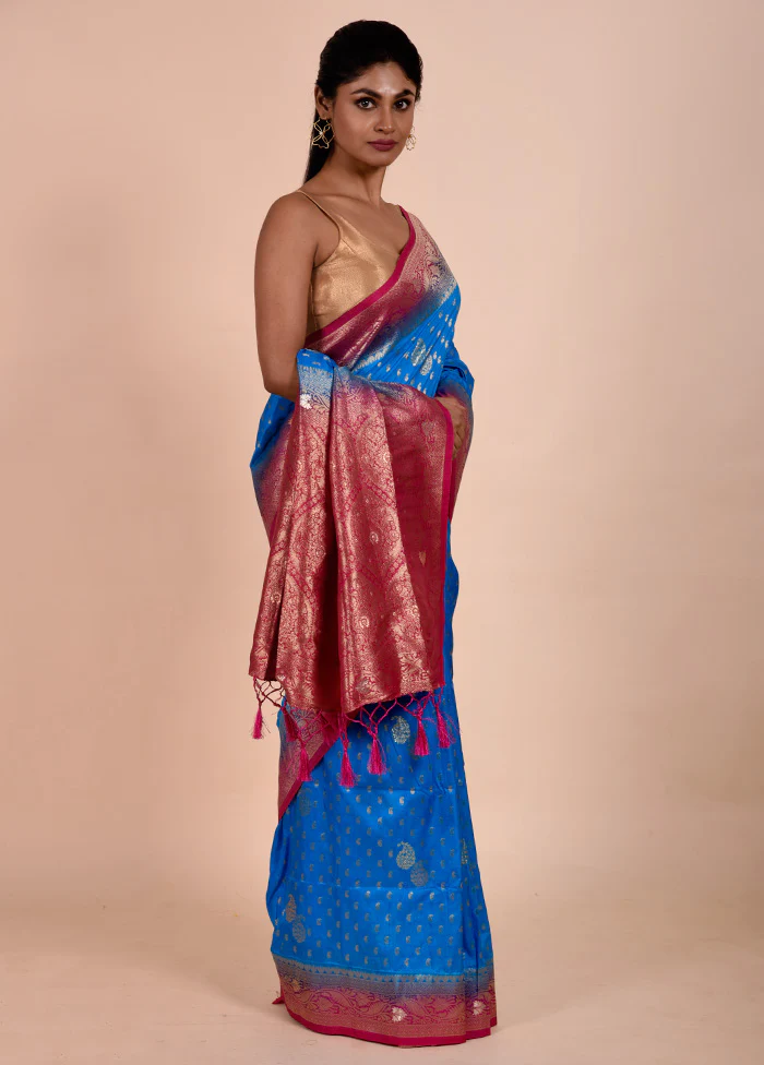 Blue Dupion Silk Saree With Blouse Piece - Image 4