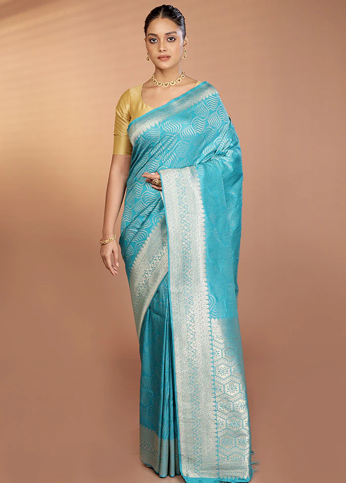 Blue Dupion Silk Saree With Blouse Piece - Image 2