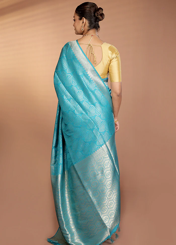 Blue Dupion Silk Saree With Blouse Piece - Image 3