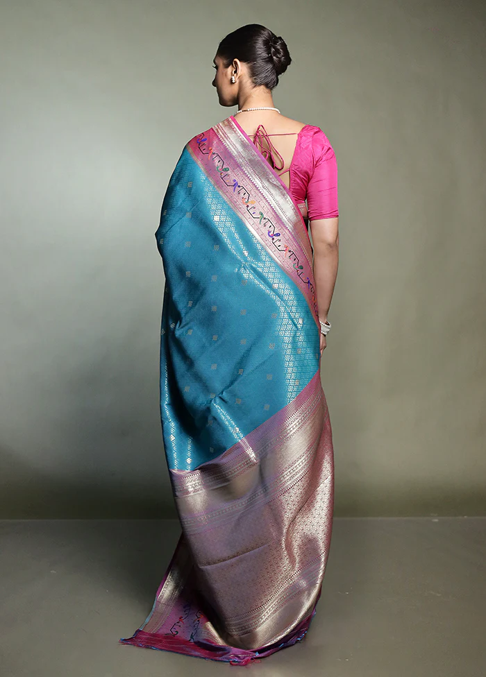 Blue Dupion Silk Saree With Blouse Piece - Image 3
