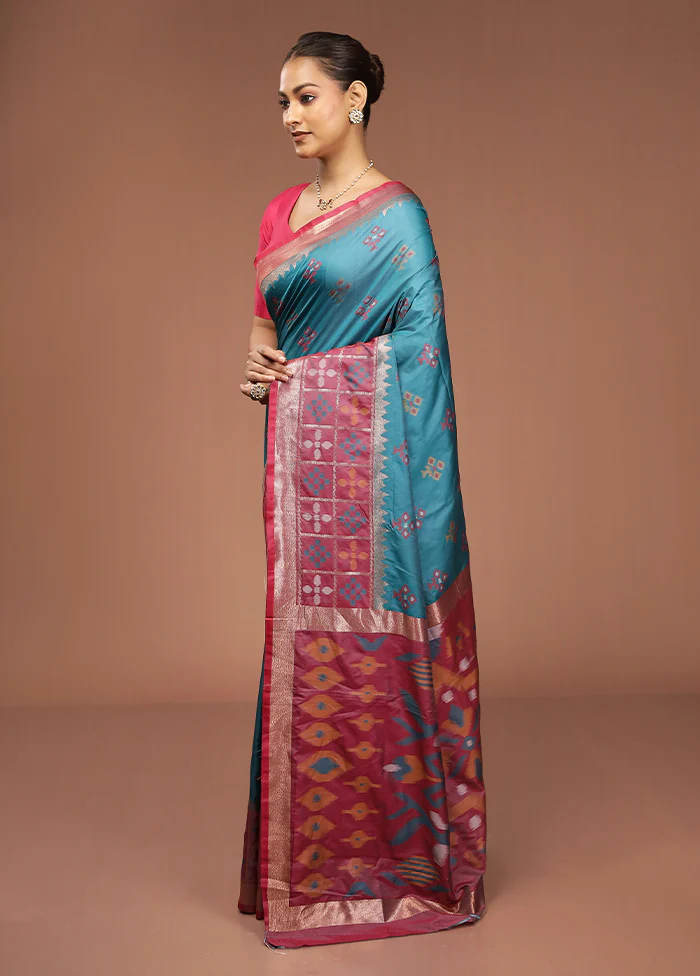 Blue Dupion Silk Saree With Blouse Piece - Image 4
