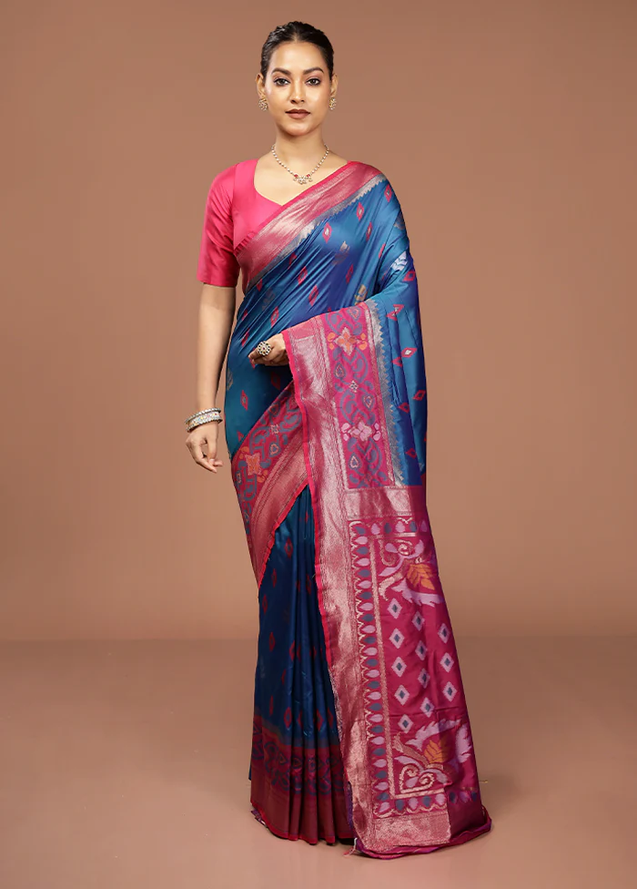 Blue Dupion Silk Saree With Blouse Piece - Image 2