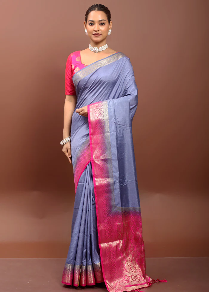 Blue Dupion Silk Saree With Blouse Piece