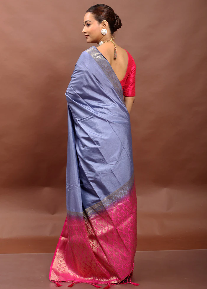 Blue Dupion Silk Saree With Blouse Piece - Image 3