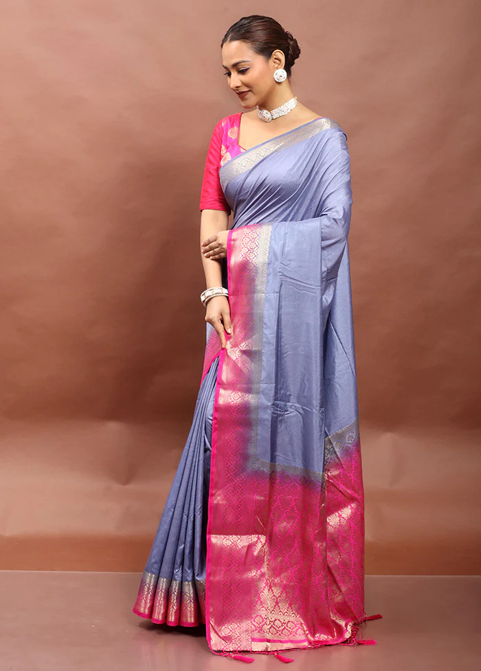 Blue Dupion Silk Saree With Blouse Piece - Image 4