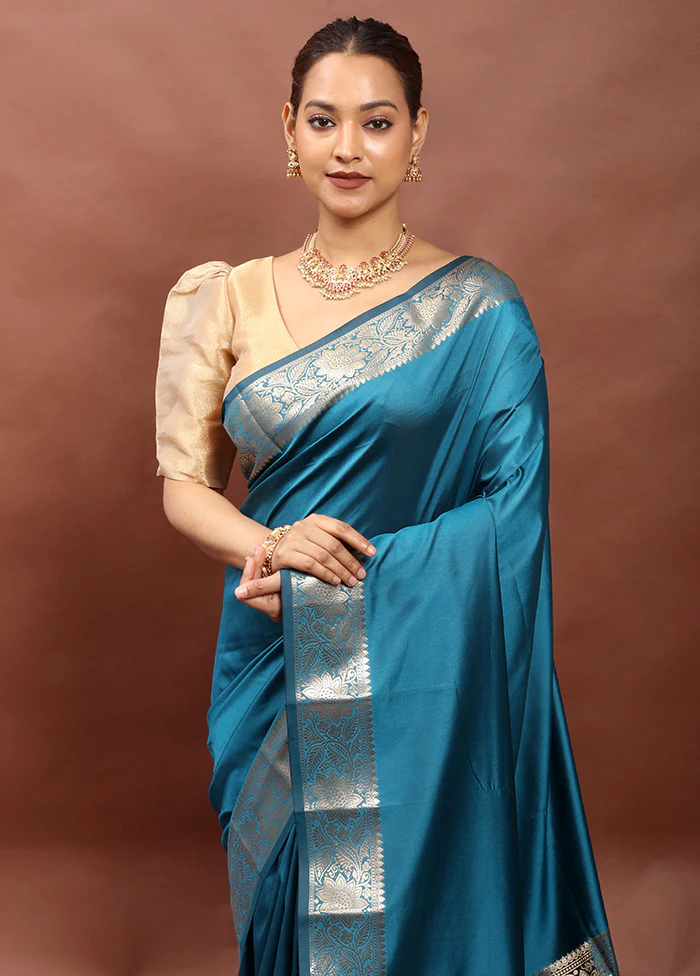 Blue Dupion Silk Saree With Blouse Piece - Image 2