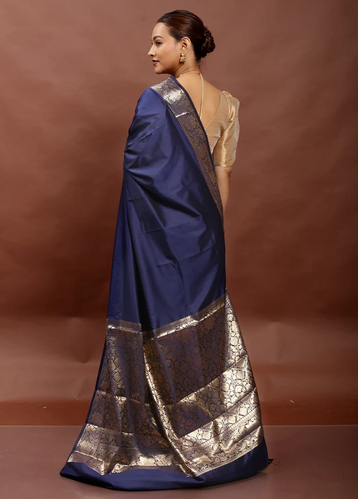 Blue Dupion Silk Saree With Blouse Piece - Image 3