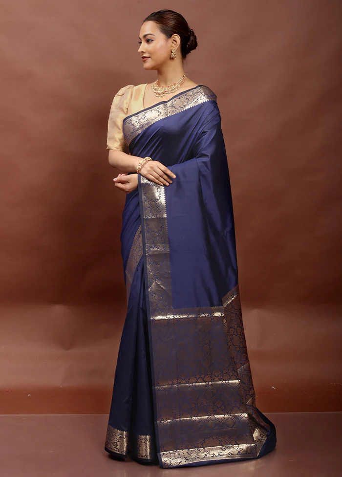 Blue Dupion Silk Saree With Blouse Piece - Image 4