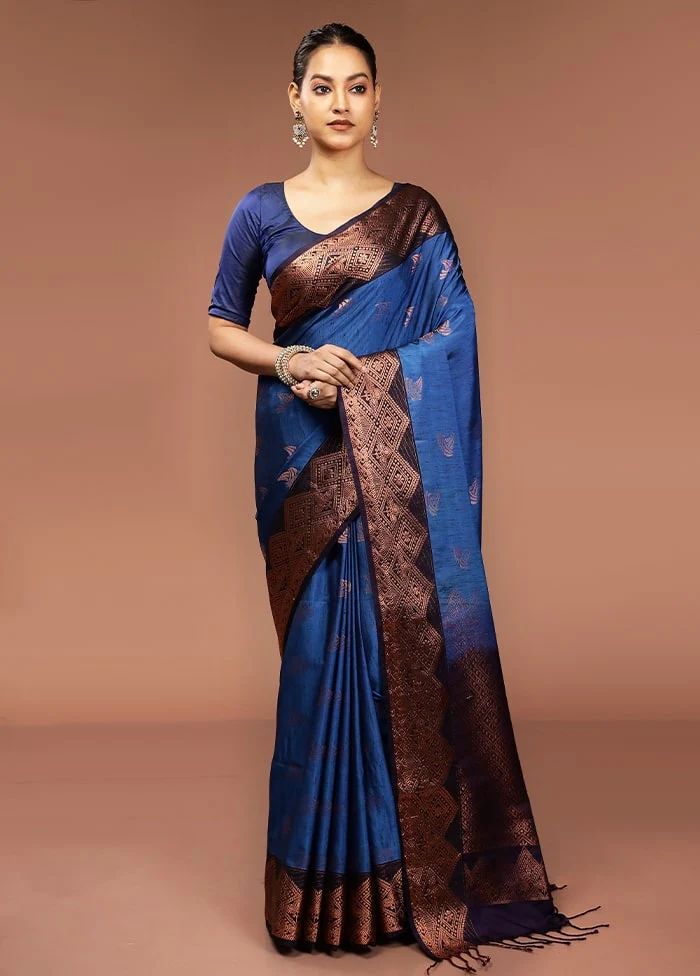Blue Dupion Silk Saree With Blouse Piece - Image 2