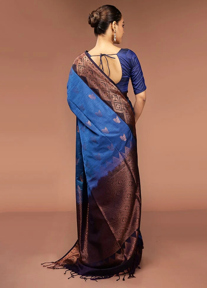 Blue Dupion Silk Saree With Blouse Piece - Image 3