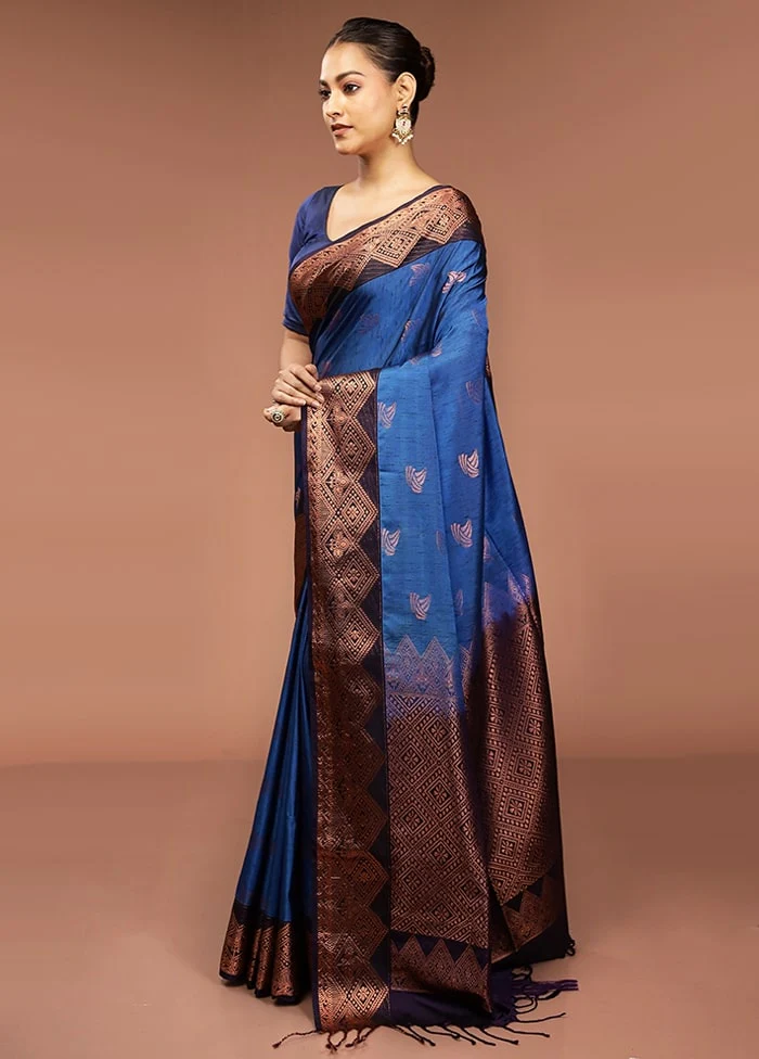 Blue Dupion Silk Saree With Blouse Piece - Image 4