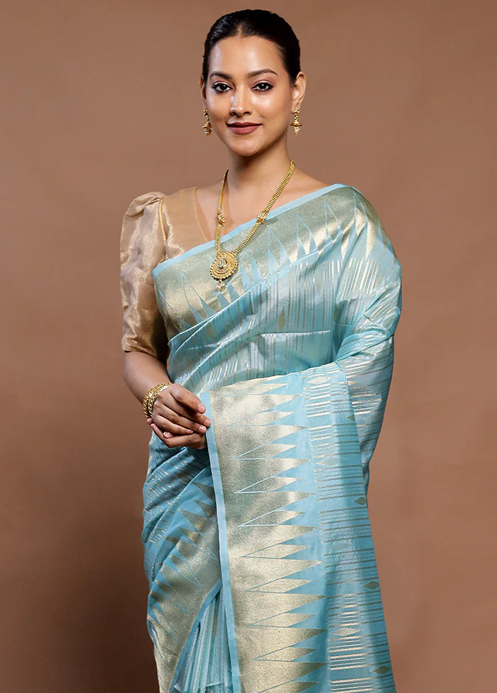 Blue Dupion Silk Saree With Blouse Piece - Image 2