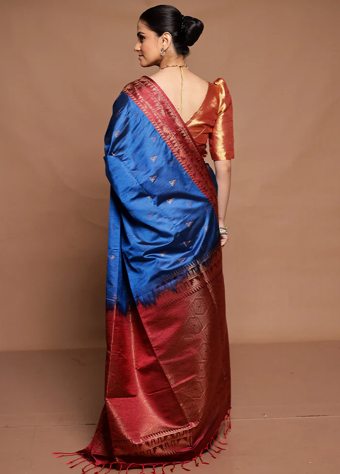 Blue Dupion Silk Saree With Blouse Piece - Image 3