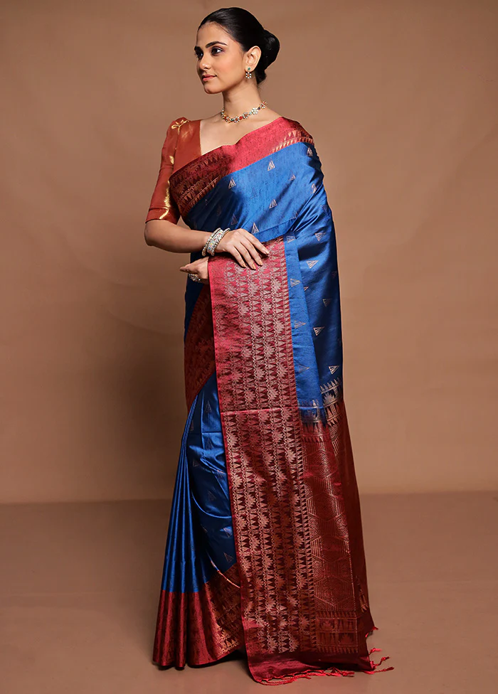 Blue Dupion Silk Saree With Blouse Piece - Image 4