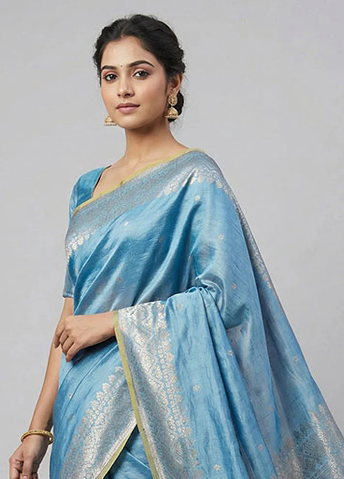 Blue Dupion Silk Saree With Blouse Piece - Image 2