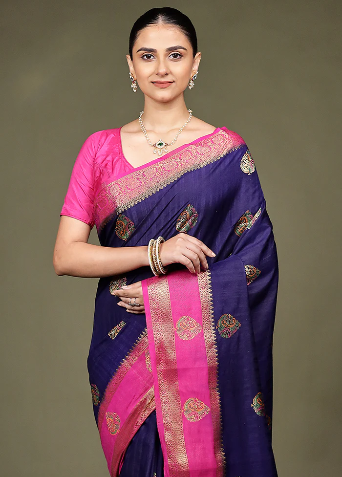 Blue Dupion Silk Saree With Blouse Piece