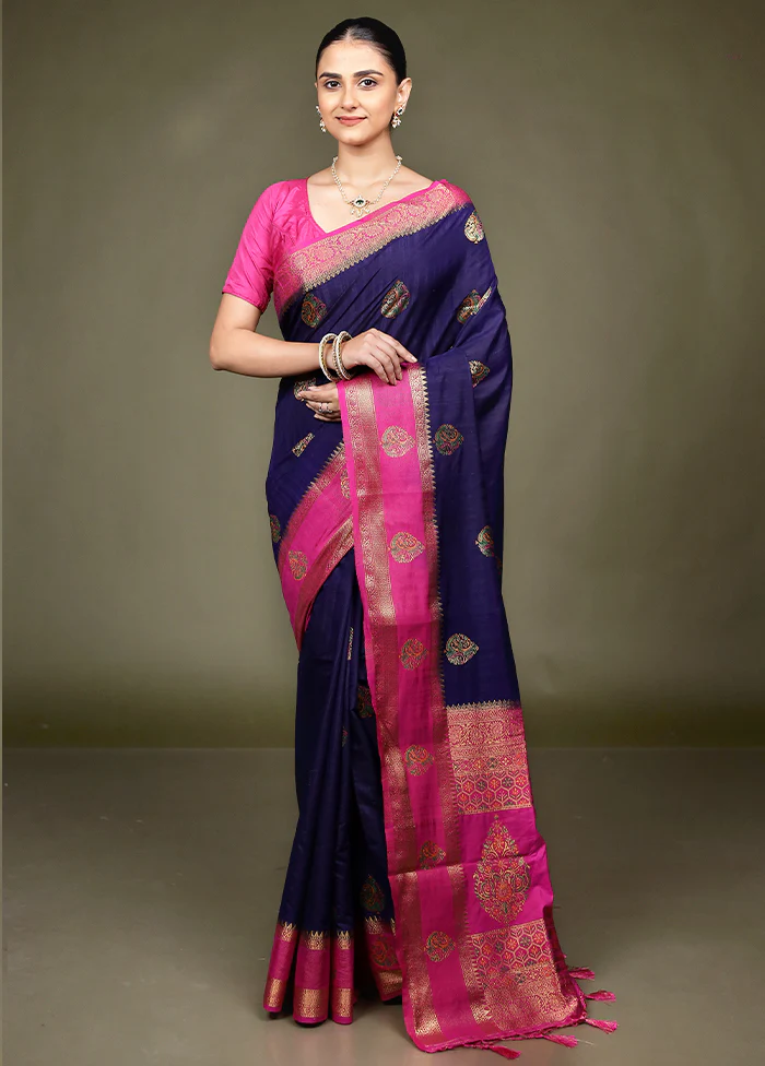 Blue Dupion Silk Saree With Blouse Piece - Image 2