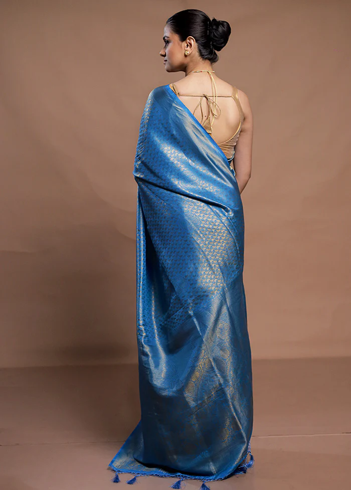 Blue Dupion Silk Saree With Blouse Piece - Image 3