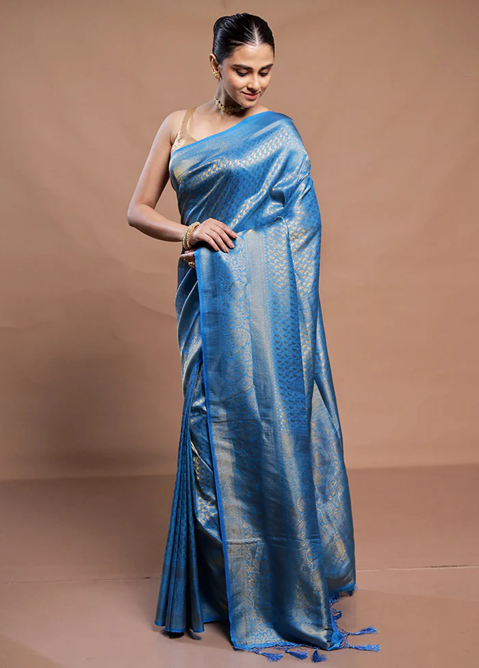 Blue Dupion Silk Saree With Blouse Piece - Image 4