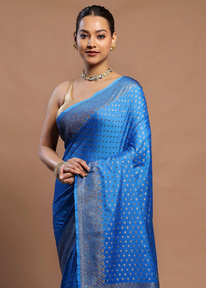 Blue Dupion Silk Saree With Blouse Piece - Image 2