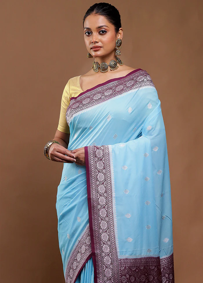 Blue Dupion Silk Saree With Blouse Piece - Image 2