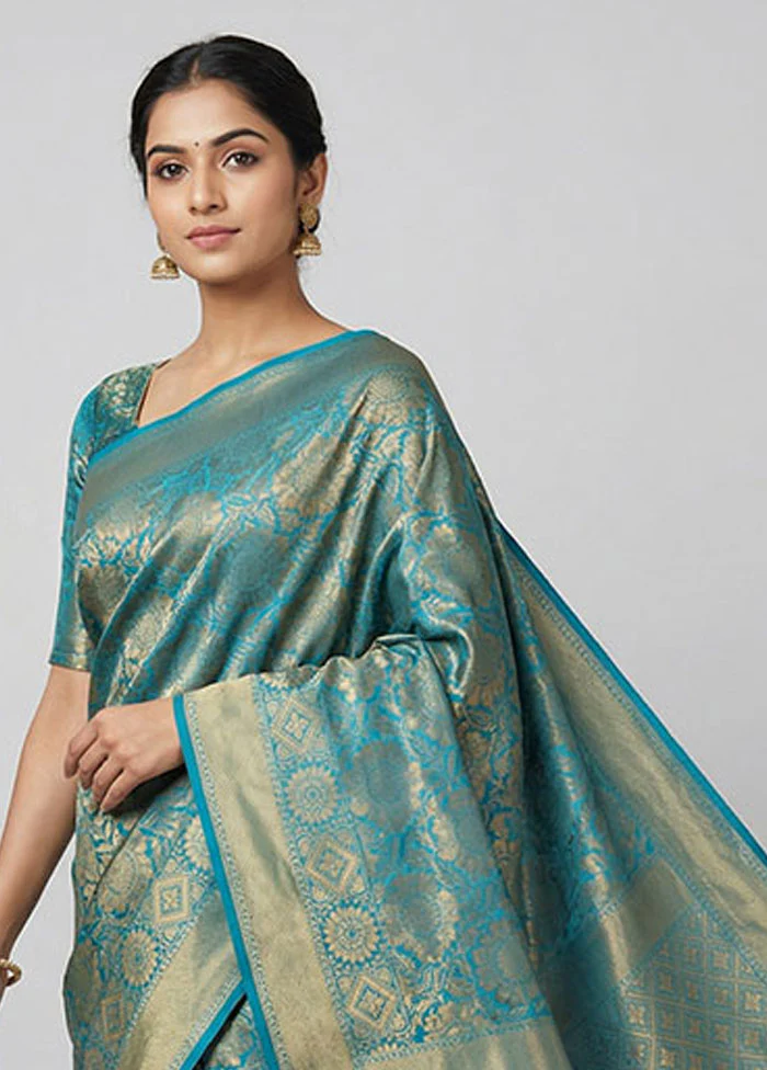 Blue Dupion Silk Saree With Blouse Piece - Image 2