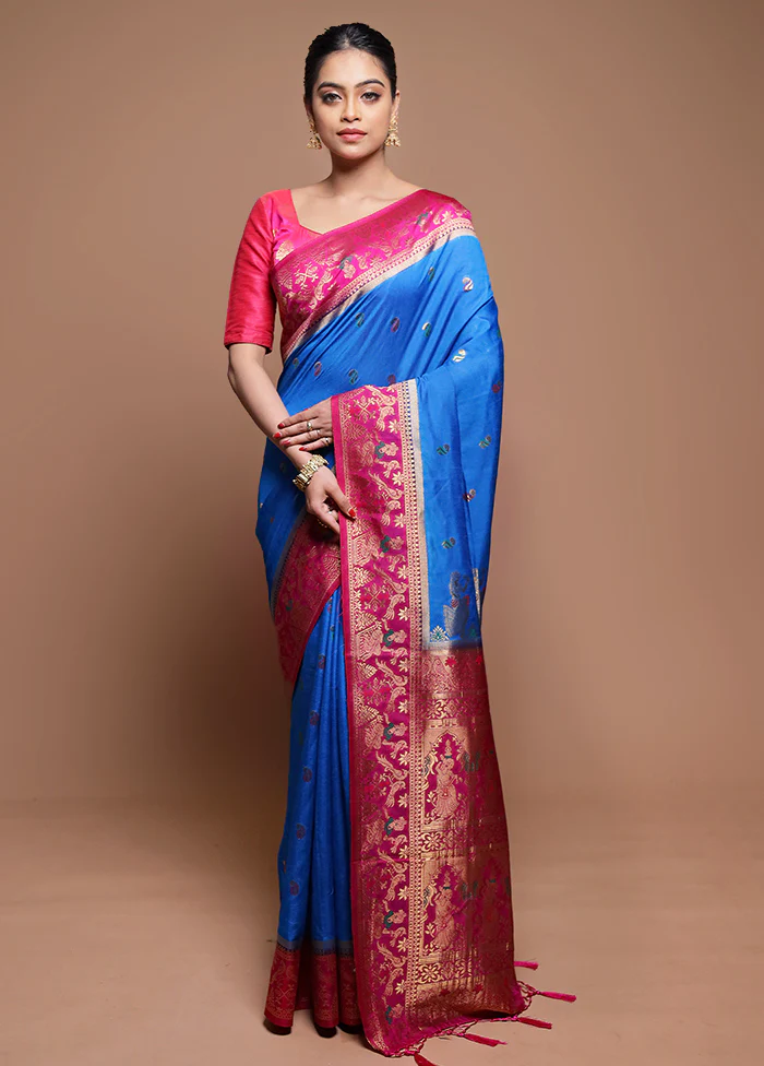 Blue Dupion Silk Saree With Blouse Piece