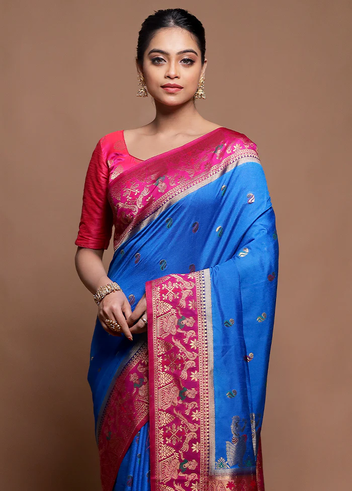 Blue Dupion Silk Saree With Blouse Piece - Image 2