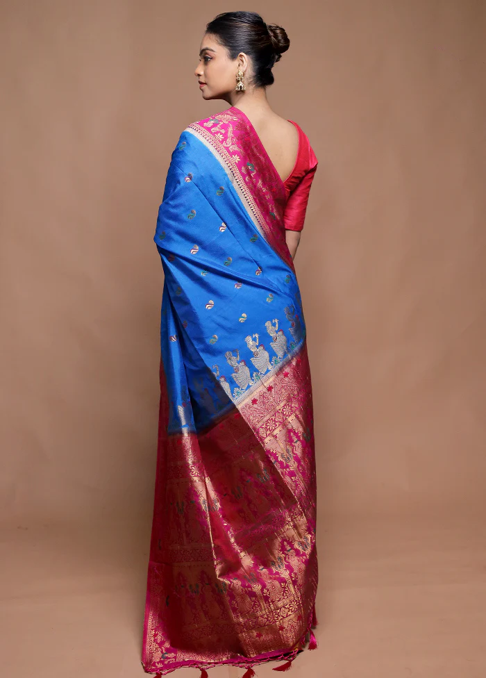 Blue Dupion Silk Saree With Blouse Piece - Image 3
