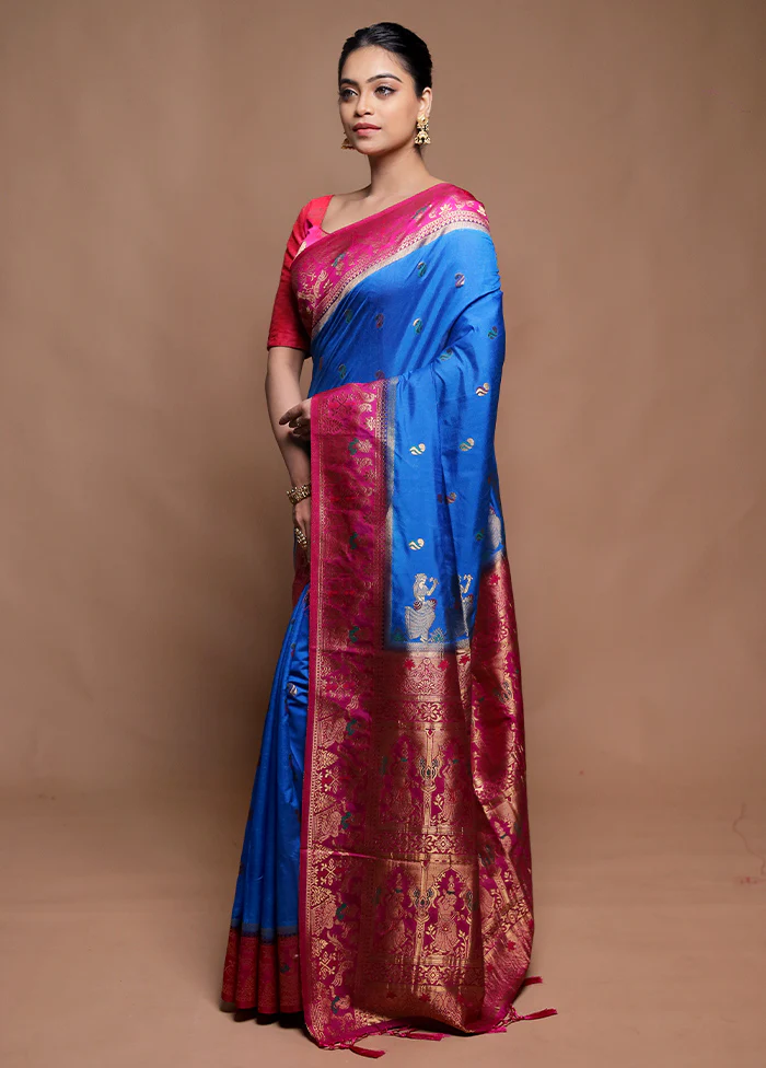 Blue Dupion Silk Saree With Blouse Piece - Image 4