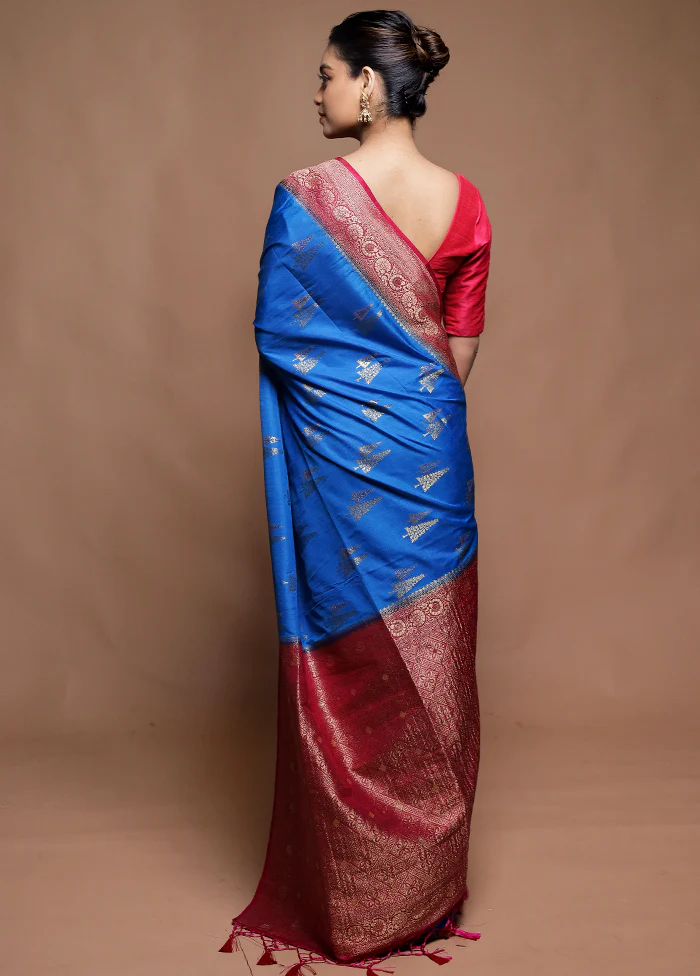Blue Dupion Silk Saree With Blouse Piece - Image 3