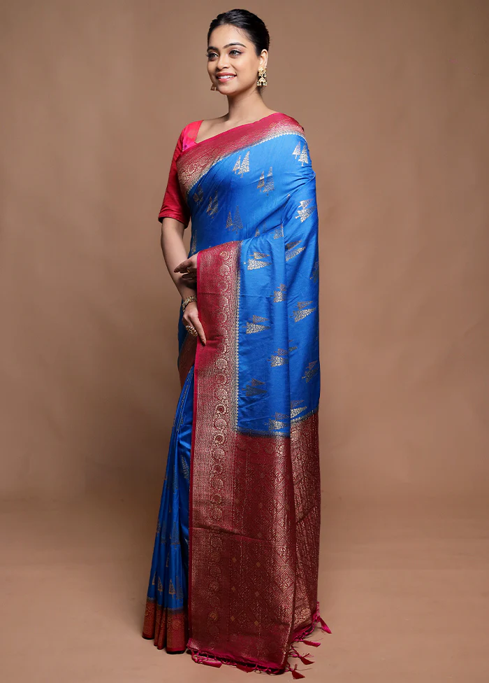 Blue Dupion Silk Saree With Blouse Piece - Image 4