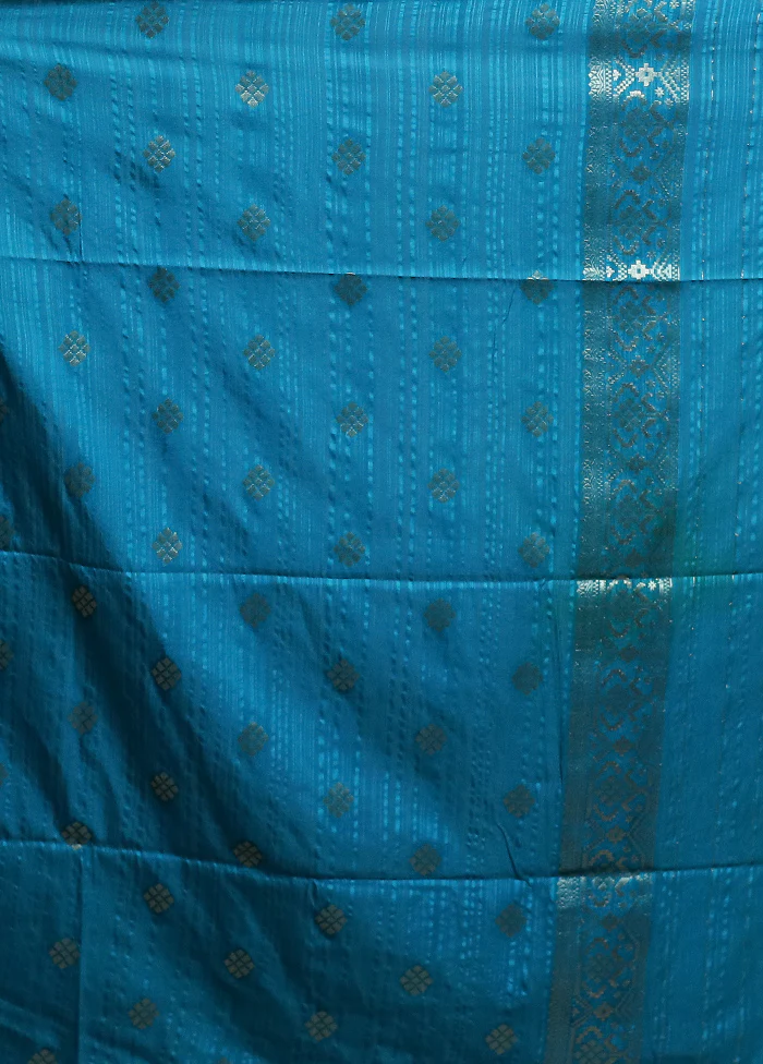 Blue Dupion Silk Saree With Blouse Piece - Image 5