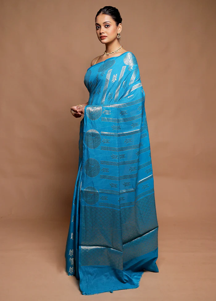 Blue Dupion Silk Saree With Blouse Piece - Image 4