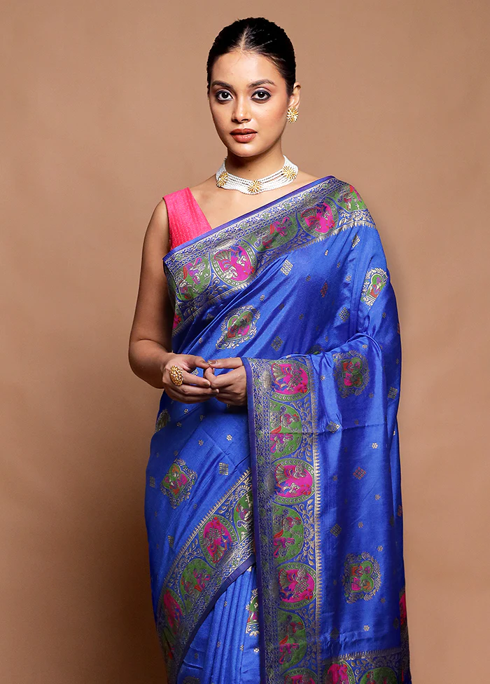 Blue Dupion Silk Saree With Blouse Piece - Image 2