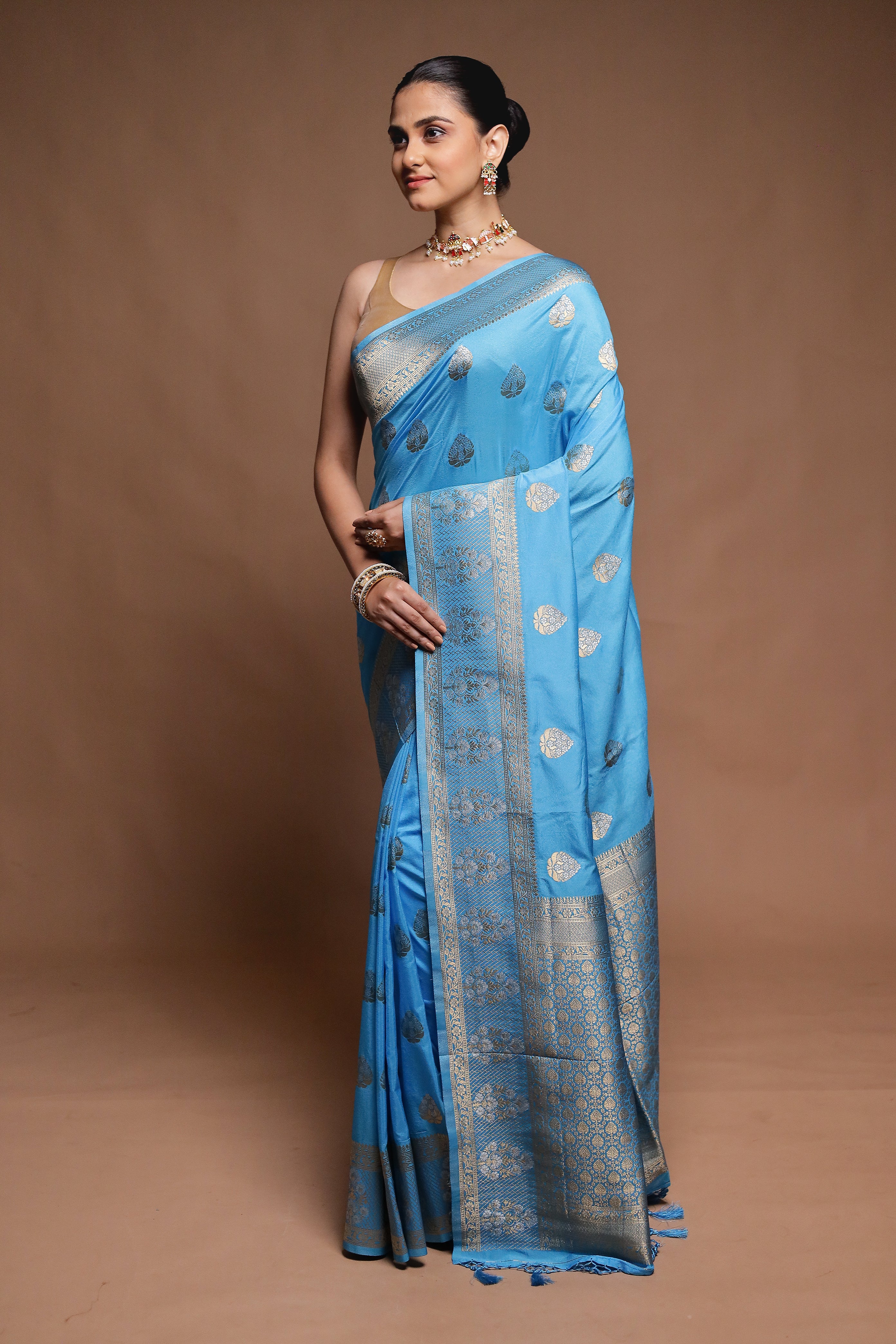 Blue Dupion Silk Saree With Blouse Piece - Image 4