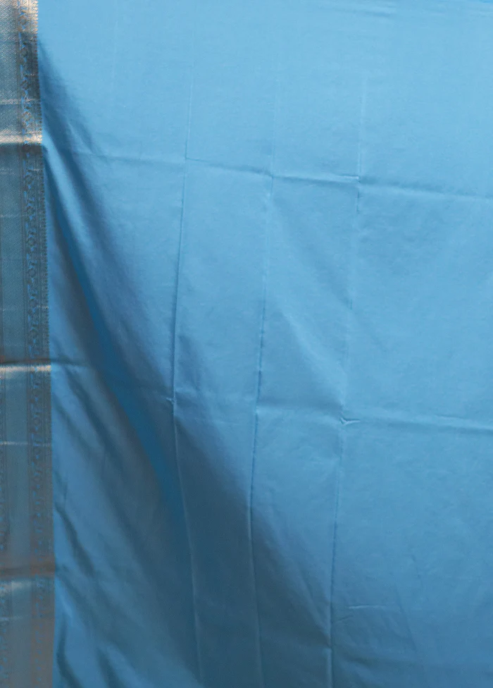 Blue Dupion Silk Saree With Blouse Piece - Image 5