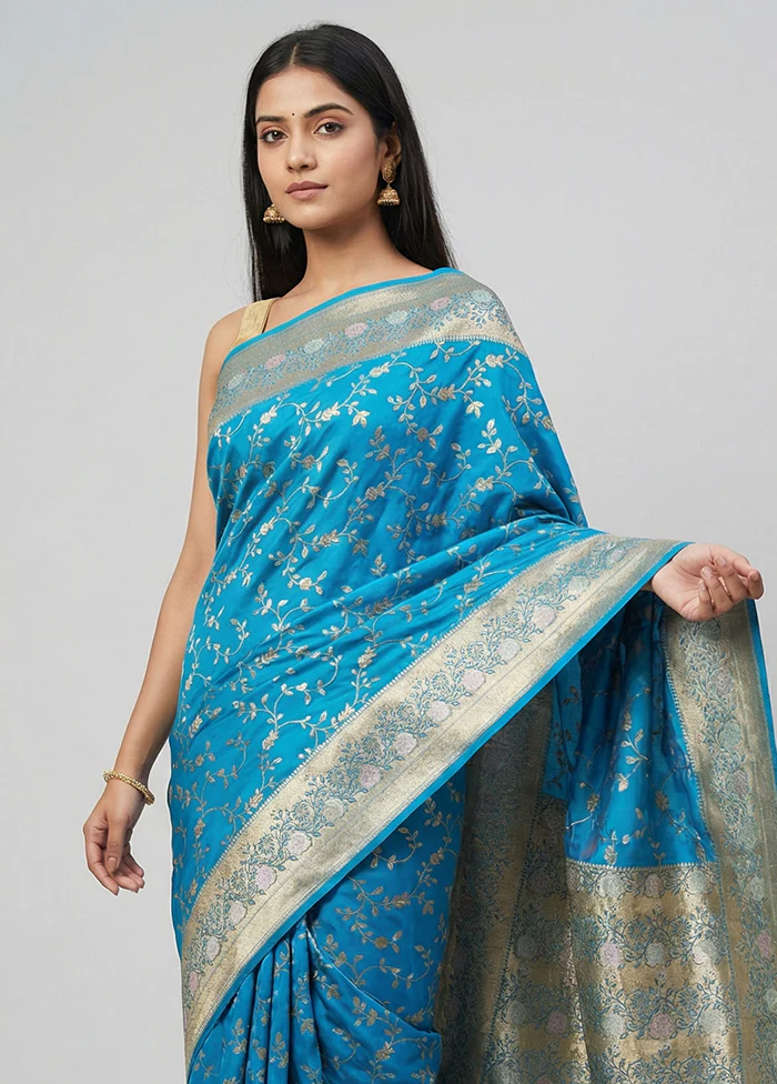 Blue Dupion Silk Saree With Blouse Piece - Image 2