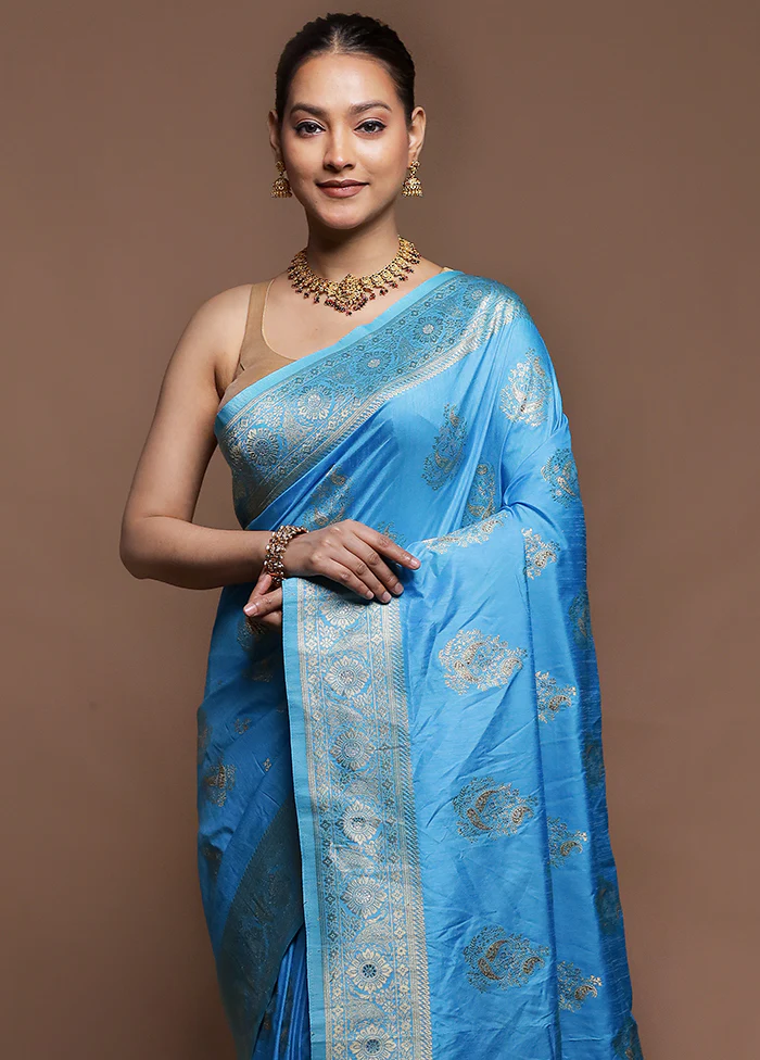 Blue Dupion Silk Saree With Blouse Piece - Image 2
