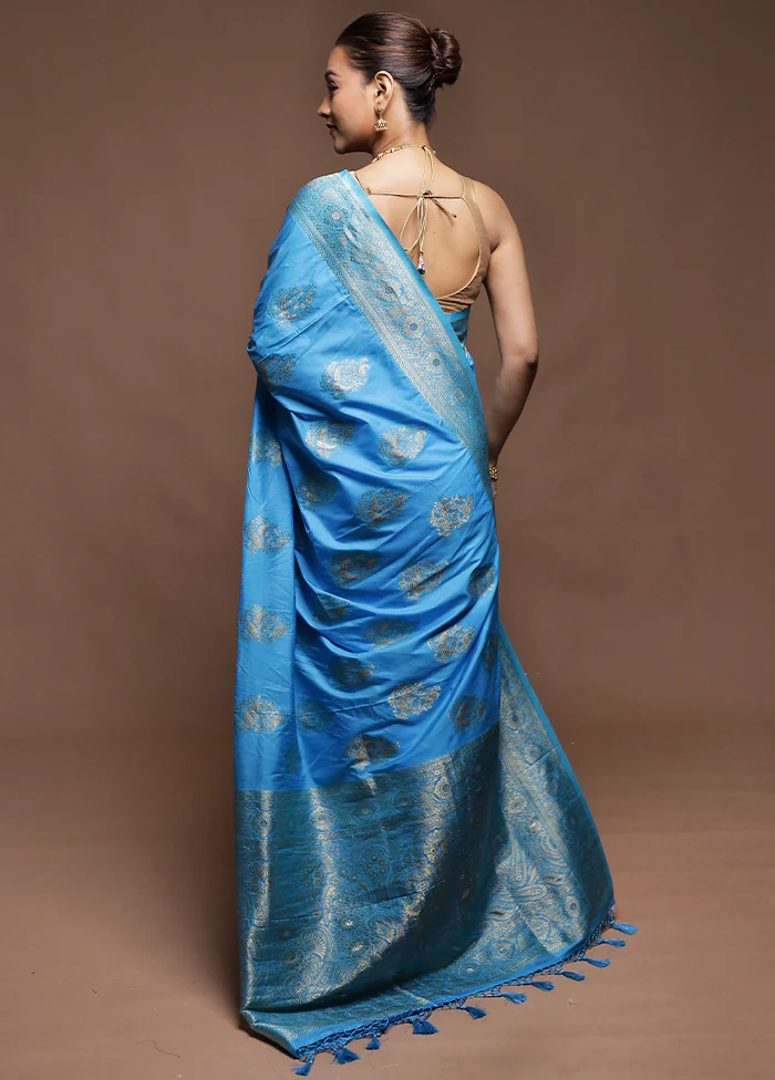 Blue Dupion Silk Saree With Blouse Piece - Image 3