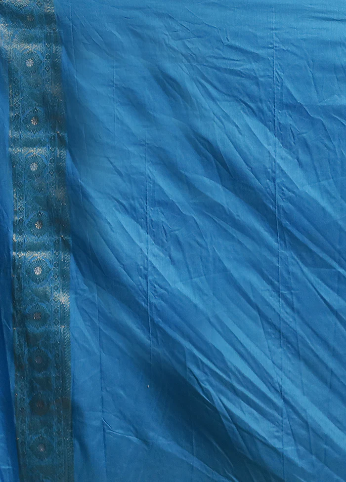 Blue Dupion Silk Saree With Blouse Piece - Image 5
