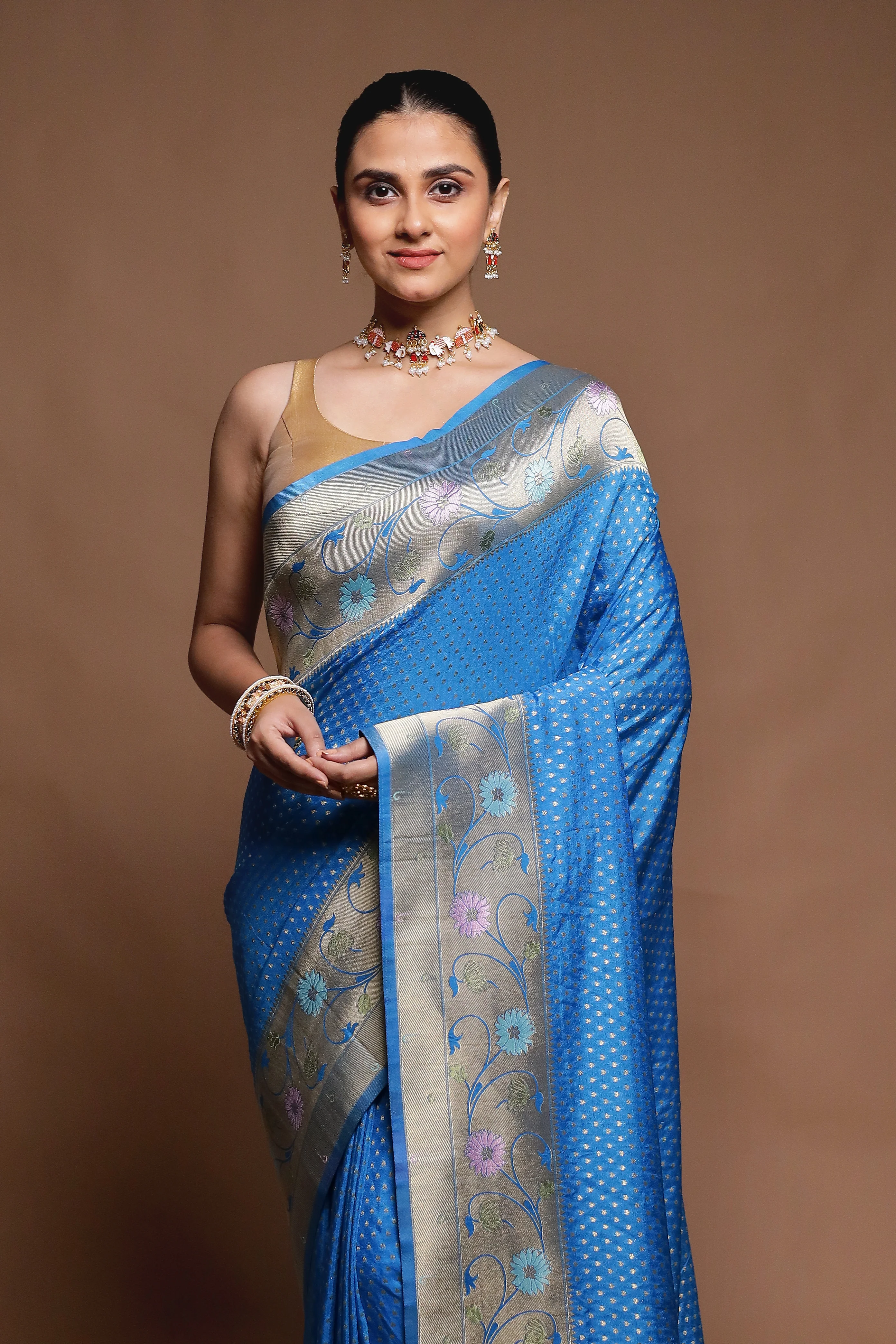 Blue Dupion Silk Saree With Blouse Piece - Image 2