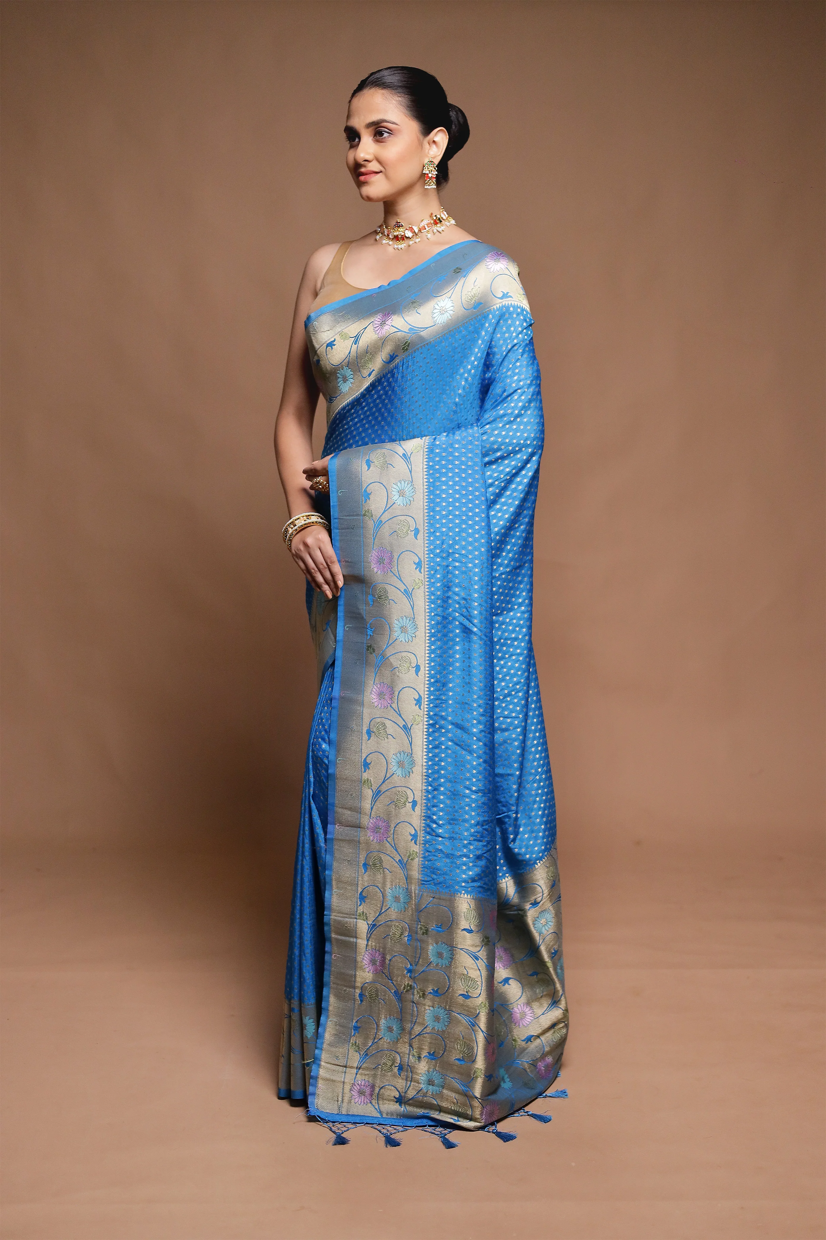 Blue Dupion Silk Saree With Blouse Piece - Image 4