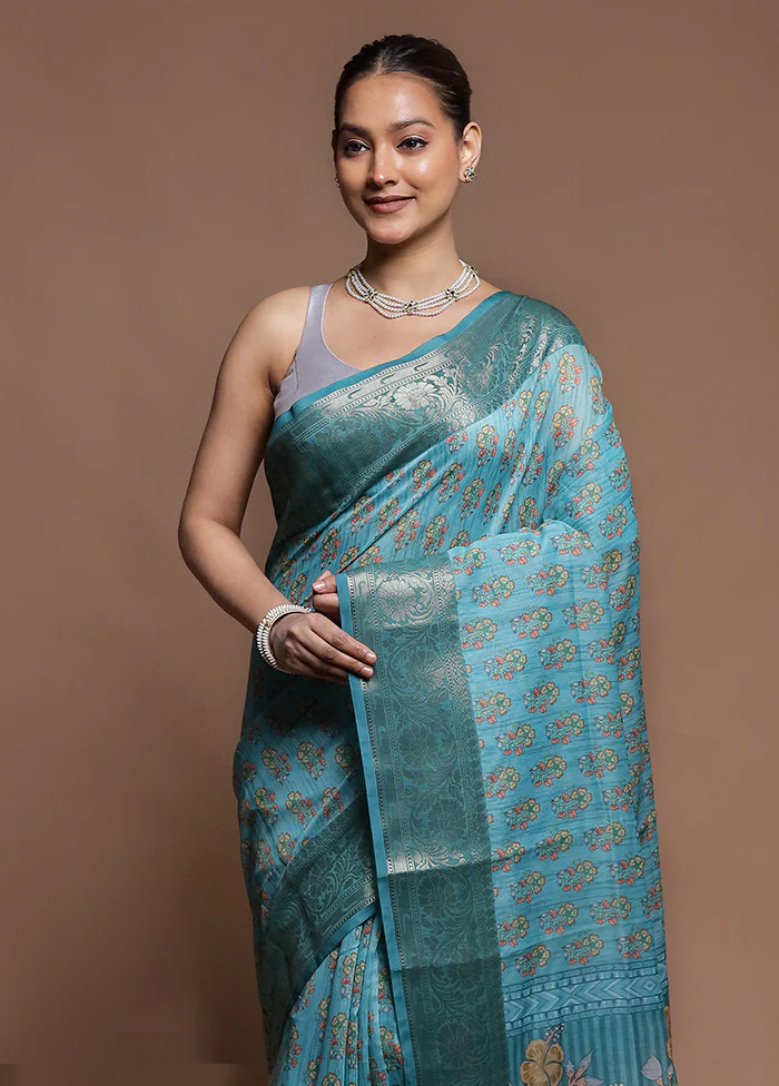 Blue Dupion Silk Saree With Blouse Piece - Image 2