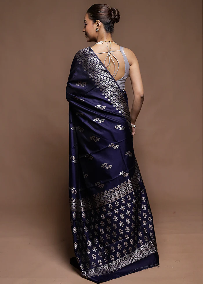 Blue Dupion Silk Saree With Blouse Piece - Image 3
