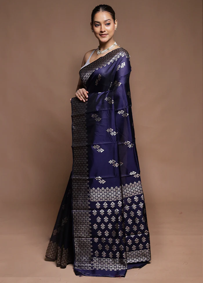 Blue Dupion Silk Saree With Blouse Piece - Image 4