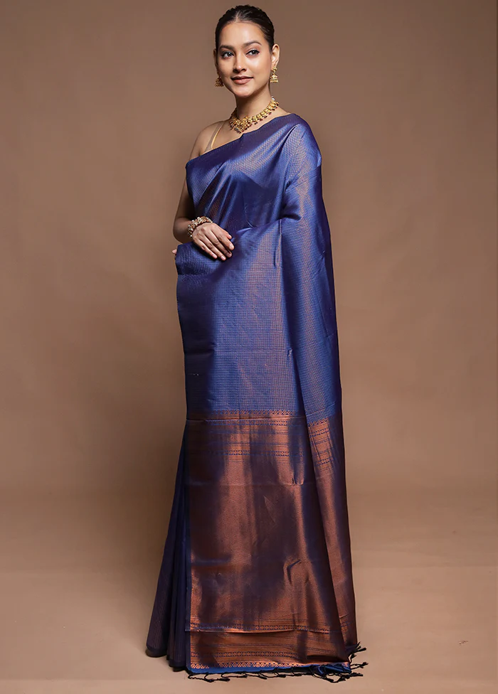 Blue Dupion Silk Saree With Blouse Piece - Image 4